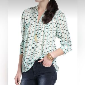 Anthropologie Dolan Mesilla Abstract Print Blouse in Blue/Tan Motif Like-New - M